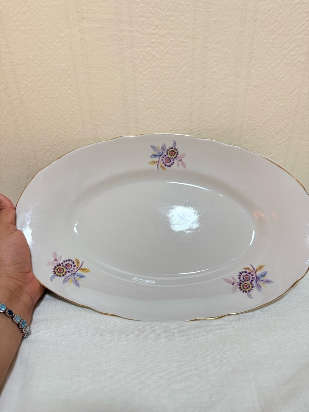 White Porcelain Oval Serving Platter with‎ Purple Floral Accents